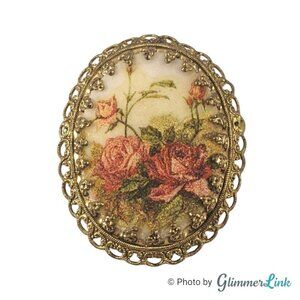 Vintage Germany Pink Roses Garden Sugar Coated Cameo Filigree Gold Tone Brooch